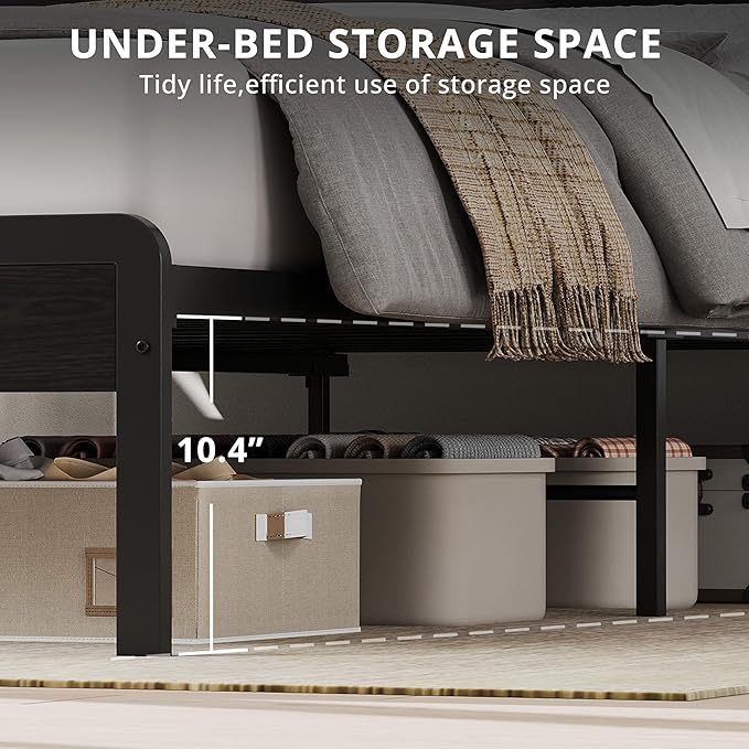 LIKIMIO King Bed Frame with Headboard, Dark Wood Camas King with Strong Supports, Sturdy, Noise-Free, No Box Spring Needed, Classic Black
