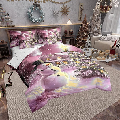 Castle Fairy Cute Xmas Snowman 7 Pieces Bedding Set King Bed in a Bag,Rustic Farmhouse Cabin Outdoor Christmas Tree Comforter Set,Happy New Year Soft Warm Microfiber Bedding