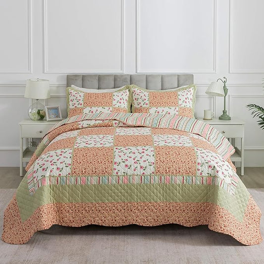 HoneiLife Queen Size Quilt Sets - Microfiber Quilt Set 3-Piece,Lightweight Bedspreads Reversible Coverlets Retro Bed Cover Floral Bedding Set, Queen Quilt Bedding Sets for All Season Use
