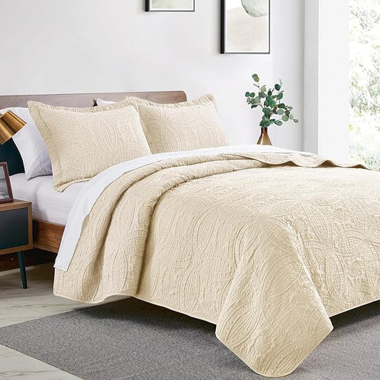 Love's cabin Oversized King Size Quilt Bedding Set Beige Bedspreads - Oversized King Lightweight Bedspread Comforter - Coin Pattern Coverlet for All Season - 3 Pieces (1 Quilt, 2 Pillow Shams)
