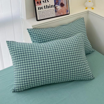 mixinni Dark Green Gingham Comforter Set Queen, Plaid Comforter Set 3 Pieces 1 Teal Grid Comfoter with 2 Pillow Cases for All Seasons, Soft Fluffy Modern Grid Pattern Printed Bedding-Queen Size