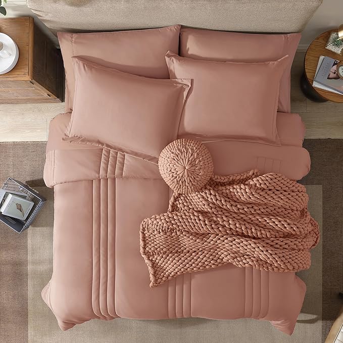 Monbix Full Comforter Set - 7 Pieces Clay Pink Bed in a Bag Full Size Bedding Sets with Comforters, All Seasons Comforter with Sheets, Pillowcases & Shams