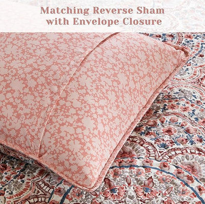 Comfort Spaces Valerie Boho Quilt Set King Pink - Soft Lightweight Bedding with Watercolor Medallion Design, Reversible All Season Quilt for Master Bedroom or Guest Room