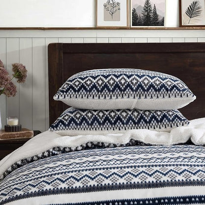 Eddie Bauer - Twin Comforter Set, Reversible Plush Bedding with Matching Sham, Dorm Essentials, Oeko-Tex Certified (Shelton Fair Isle Navy)