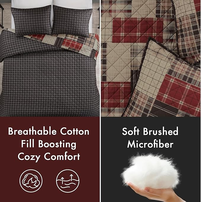 Madison Park Queen Quilt Set Patchwork Farmhouse, Diamond Quilting Reversible Coverlet Set for Queen Size Bed, Plush Cotton Filled Quilt Set Queen Size, Shams Full/Queen Red/Black 3 Piece