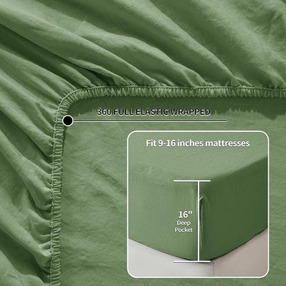LBRO2M 100% Pure Linen Sheet Set Deep Pocket Up to 16" Bed Sheets Sets, Natural Flax Beddings Soft, Breathable, Comfortable for All Seasons 4 Pcs Sheet Set Full Size, Green