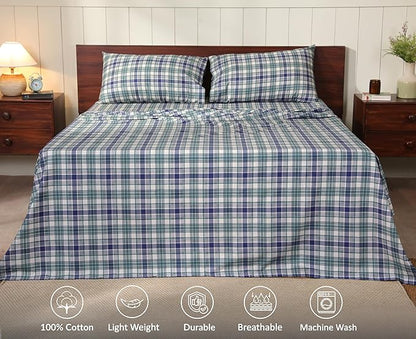 RUVANTI 100% Cotton Sheets – Queen Size Percale Bedding, Cooling & Breathable Floral Design, Durable with a Crisp, Soft & Comfortable Feel, 16" Deep Pocket, 4-Piece Set, Greenish Blue Plaid