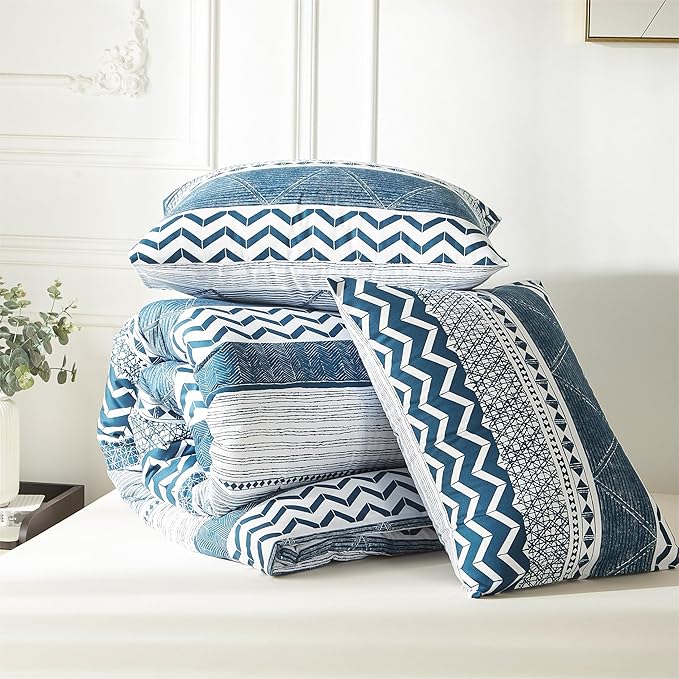BOLINLIVING Twin Comforter Set Kids, Boho Stripe Comforter Set Twin Size, Twin Bed in a Bag Soft Bohomian Bedding Lightweight Breathable for All Seasons (Blue 66×90 inch)