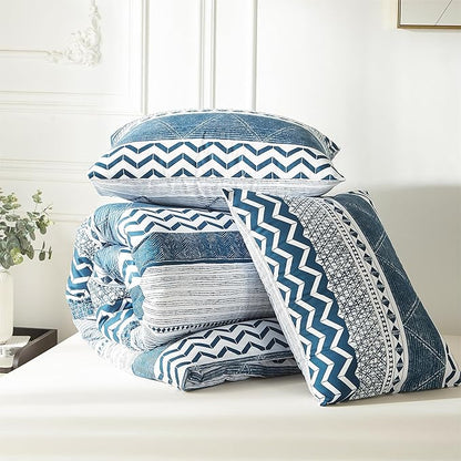 BOLINLIVING Twin Comforter Set Kids, Boho Stripe Comforter Set Twin Size, Twin Bed in a Bag Soft Bohomian Bedding Lightweight Breathable for All Seasons (Blue 66×90 inch)