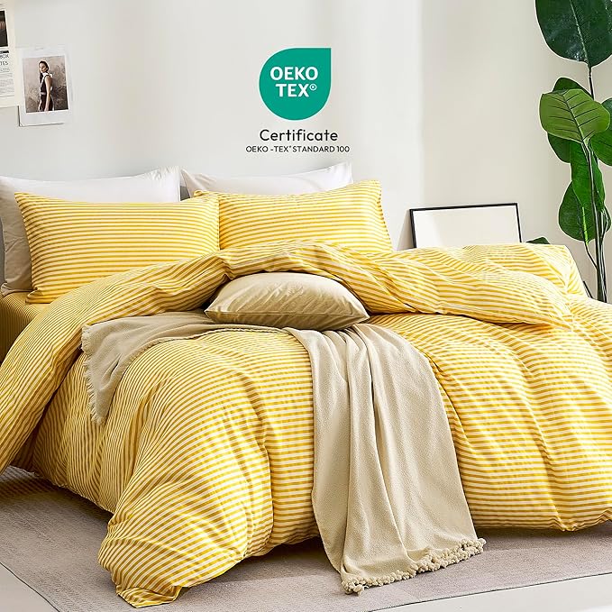 JELLYMONI 100% Natural Cotton 3pcs Striped Duvet Cover Sets,Yellow with White Stripes Pattern Printed Comforter Cover,with Zipper Closure & Corner Ties(Full Size)
