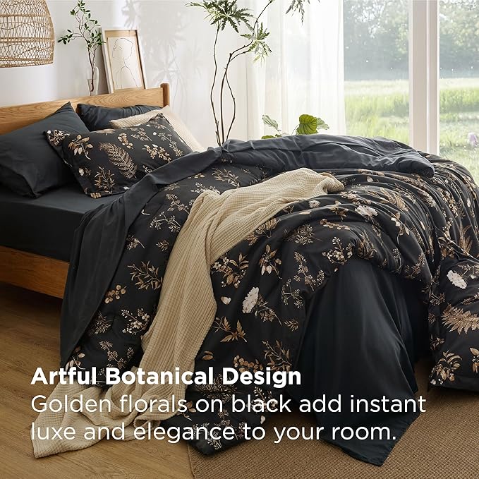 Bedsure Black Twin Comforter Set - 5 Pieces Floral Bedding Sets Twin Bed in a Bag with Reversible Botanical Flowers Comforter, Sheets, Pillowcase & Sham