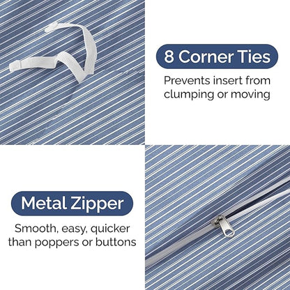 Duvet Cover Full Size Set - Extra Soft Full Duvet Cover 80" x 90" with 2 Pillow Shams - Hotel Luxury, Easy Care & Fade Free with Zipper Closures & Ties - All Season, Comfy & Breathable (Blue Stripes)