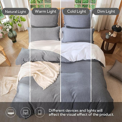 MILDLY Jacquard Stripe Duvet Cover - 100% Washed Cotton Charcoal Boho Textured Comforter Cover Set with Zipper Closure 68"x90"
