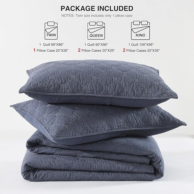 HORIMOTE HOME 55% Linen Front/100% Cotton Back Quilt Set Queen Size, Steel Blue Pre-Washed Cotton Linen Quilt Set, Geometric Stitched Pattern Bedspread Coverlet Bedding Set 3-Piece for All Seasons