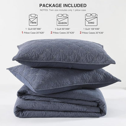 HORIMOTE HOME 55% Linen Front/100% Cotton Back Quilt Set Twin Size, Steel Blue Pre-Washed Cotton Linen Quilt Set, Geometric Stitched Pattern Bedspread Coverlet Bedding Set 2-Piece for All Seasons