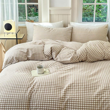LifeTB Tan Gingham Duvet Cover California King 100% Washed Cotton Grid Bedding Set Beige Plaid Checked Duvet Cover 3 Pieces Vintage Grid Checkered Comforter Cover Soft Breathable Gingham Bedding Set