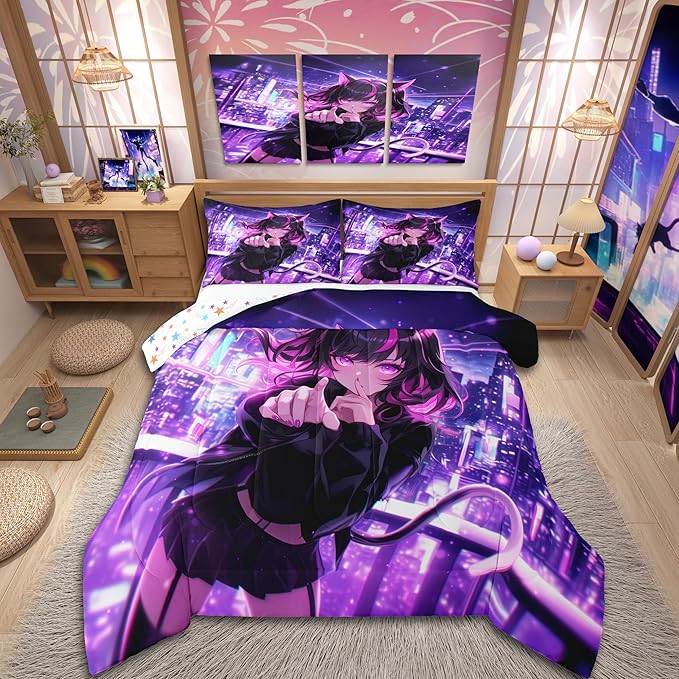Erosebridal Kids Anime Girl King Size Bedding Set, Japanese Anime Comforter Set, Cartoon Girl Duvet Insert for Boys Teens Bedroom Decor, Kawaii Japanese Animation Quilt with 2 Pillow Cases