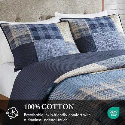 Woolrich Quilt Set Patchwork Channel Quilting, Cottage Coverlet for Twin Size Bed All Seasons, Lightweight Prewashed Cotton Coverlet Bedspread, Shams, Winter Hills, Oversized Full/Queen Blue 3 Piece