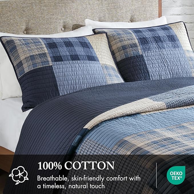 WOOLRICH Quilt Set Patchwork Channel Quilting, Cottage Coverlet for Twin Size Bed All Seasons, Lightweight Prewashed Cotton Coverlet Bedspread, Shams, Winter Hills,Oversized King/Cal King Blue 3 Piece