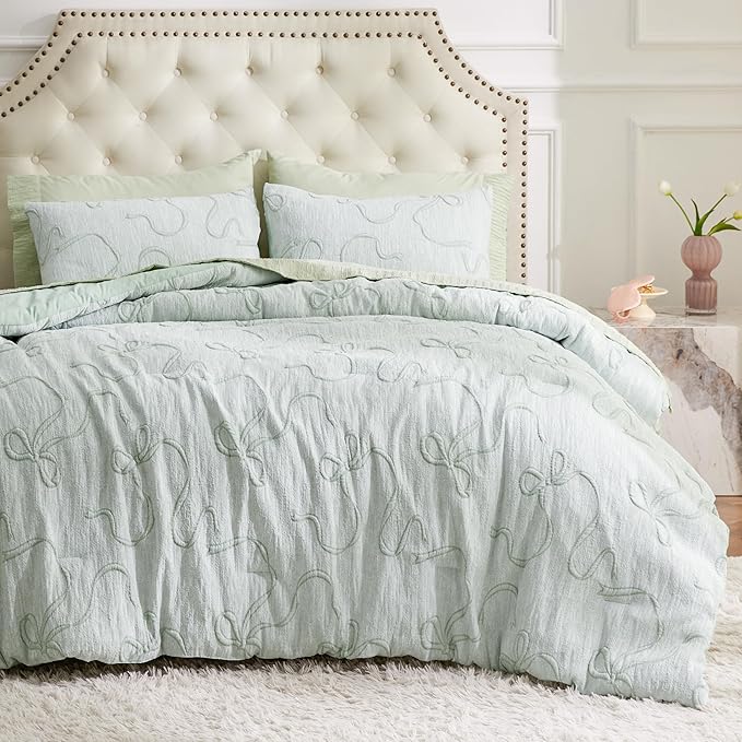 Bedsure Sage Green Twin XL/Twin Comforter Set for Girls, GentleSoft™ 2 Pieces Bow Comforter with 1 Pillow Sham, Twin Size Bedding Sets for Girls Room Decor Aesthetic Bedroom Decor, 68x88 Inches