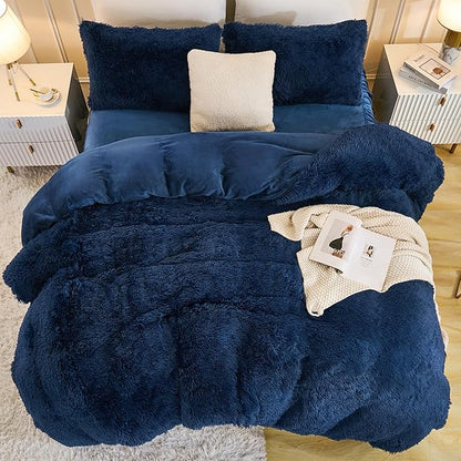 Andency Fluffy Navy Blue Comforter Set King Size, 3 Pieces Winter Faux Fur Warm Soft Fuzzy Plush Bedding Comforter Set (1 Velvet Comforter & 2 Pillowcases), Thick Heavy Comfy Comforters Bedding Set