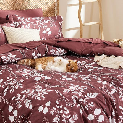 Bedsure Queen Comforter Set - 7 Pieces Floral Burgundy Soft Bedding Sets, Queen Bed in a Bag with Botanical Flowers Comforter, Sheets, Pillowcases & Shams