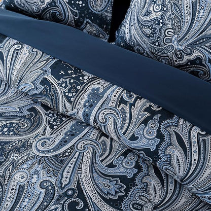 DJY Navy Paisley Comforter Set Queen Size 7 Piece Bed in a Bag Boho Paisley Pattern Comforter Set Soft Lightweight Microfiber Blue Reversible Bedding Set for All Season (90''x90'')