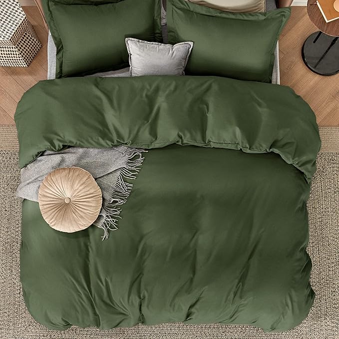 Bedsure Duvet Cover Queen Size - Soft Double Brushed Bedding Set for Kids & Adults, Zipper Closure, 3 Pieces, Includes 1 Duvet Cover (90"x90") & 2 Pillow Shams, NO Comforter, Olive Green