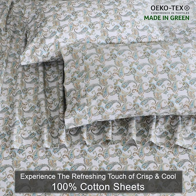ZOYER 100% Cotton Sheets – King Size Percale Bedding, Cooling & Breathable, Durable with a Crisp, Soft & Comfortable Feel, 16" Deep Pocket, 4-Piece Set, Paisley Ornamental