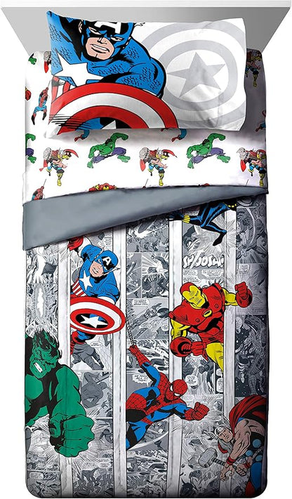 Jay Franco Marvel Avengers Comic Cool 7 Piece Full Bed Set - Includes Comforter & Sheet Set - Bedding Features Captain America, Spiderman, Iron Man, Hulk, & Thor - Super Soft