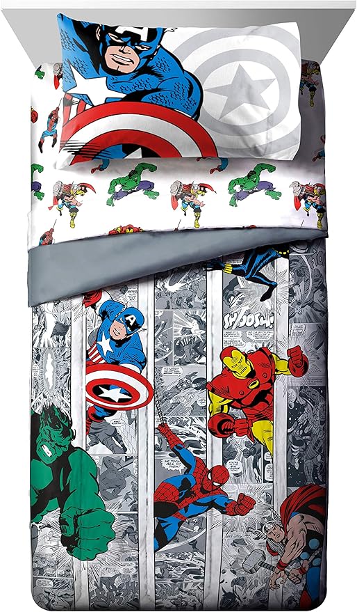 Jay Franco Marvel Avengers Comic Cool 5 Piece Twin Bed Set - Includes Comforter & Sheet Set - Bedding Features Captain America, Spiderman, Iron Man, Hulk, & Thor - Super Soft