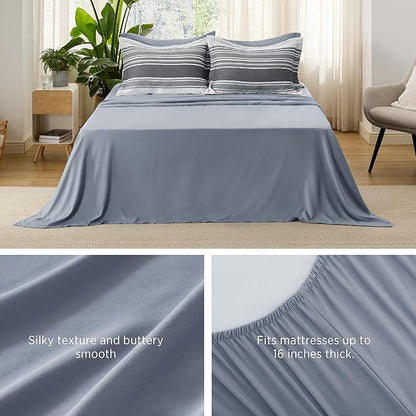 Bedsure King Comforter Set 7 Pieces, Dark Grey Striped Bedding Set for All Seasons, Reversible, Cationic Dyeing Bed in a Bag with Comforter, Sheets, Pillowcases & Shams