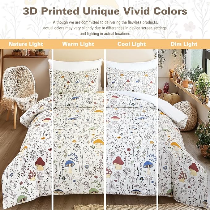 Mushroom Comforter Set 3 Piece, Colorful Mushrooms Decor California King Bedding with Plants and Flowers, Aesthetic Cute Mushroom Room Decor Comforter for Kids Adults Boys Girls, California King