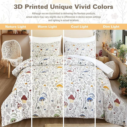 SOULZZZ Mushroom Comforter Set 3 Piece, Colorful Mushrooms Decor Queen Bedding with Plants and Flowers, Aesthetic Cute Mushrooms Room Decor Comforter for Kids Adults Boys Girls, Queen, Cream