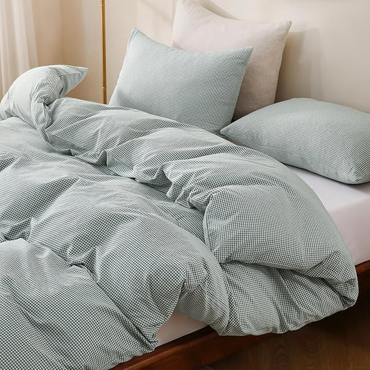 TOCOMOA Mini Gingham Green Duvet Cover Bedding Set 100% Washed Cotton Like Linen Feel Super Soft Comfortable 3 Piece Small Plaid Checkered Comforter Cover Set (Queen 90"x90", Comforter Not Included)