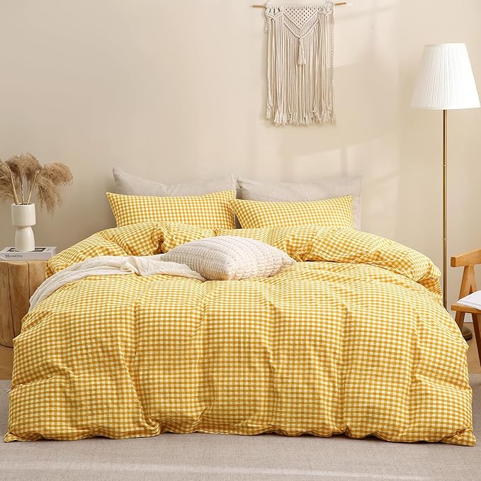 TOCOMOA Yellow Gingham Duvet Cover Bedding Set 100% Washed Cotton Like Linen Feel Super Soft Comfortable 3 Piece Vintage Plaid Checkered Comforter Cover Set (King 104"x90", Comforter Not Included)