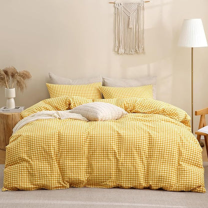 TOCOMOA Yellow Gingham Duvet Cover Bedding Set 100% Washed Cotton Like Linen Feel Super Soft Comfortable 3 Piece Vintage Plaid Checkered Comforter Cover Set (King 104"x90", Comforter Not Included)