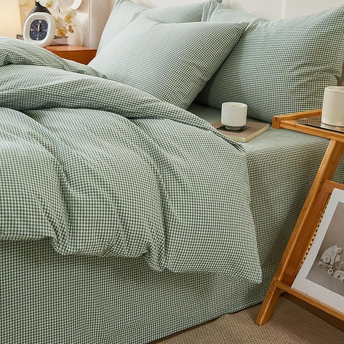 EAVD Sage Green Gingham Duvet Cover Queen Soft 100% Washed Cotton Modern Green and White Plaid Duvet Cover with 2 Pillowcases Reversible Checkered Plaid Bedding Set with Zipper Closure