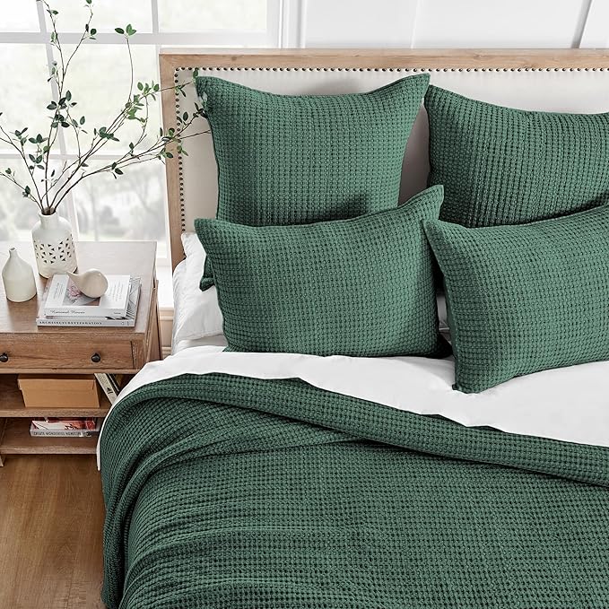 Levtex Home Mills Waffle Full Bedspread Set (100x104in) with 2 Pillow Shams (26x20in) - Forest Green - 100% Cotton Full Size Bedspread Set - Lightweight, Soft, Pre-Washed