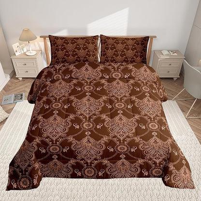 Feelyou Adults Brown Vintage Damask Floral Comforter Set Antique Drawing Classical Paisley Comforter Queen Size Gothic Bohemia Boho Floral Bedding Set Hotel Style Duvet Set Quilt Set 3Pcs