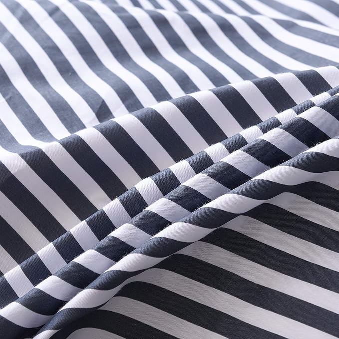 JELLYMONI 100% Natural Cotton 3pcs Striped Duvet Cover Sets,White with Navy Blue Stripes Pattern Printed Comforter Cover,with Zipper Closure & Corner Ties(Queen Size)