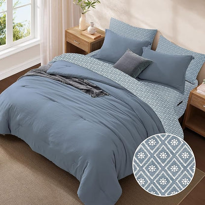 Monbix Full Size Comforter Set - 7 Pieces Oxford Blue Prewashed Bed in a Bag Full Bedding Sets with Comforters, All Seasons Ultra Soft Comforter Bed Set with Sheets,Pillowcases & Shams