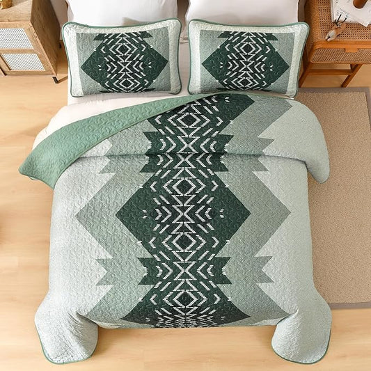 Dintszyayue Green Quilt Set Queen Size,3 Piece Boho Aztec Texture Bedspread Coverlet Set Reversible Lightweight Bedding Set Geometric Bohemian Bed Cover with 2 Pillowcases(Green,90"x96")