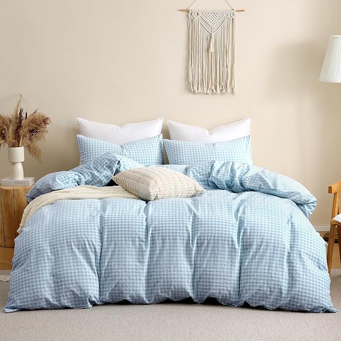 TOCOMOA Light Blue Gingham Duvet Cover Bedding Set 100% Washed Cotton Like Linen Feel Super Soft Comfy 3 Piece Vintage Plaid Checkered Comforter Cover Set (Queen 90"x90", Comforter Not Included)