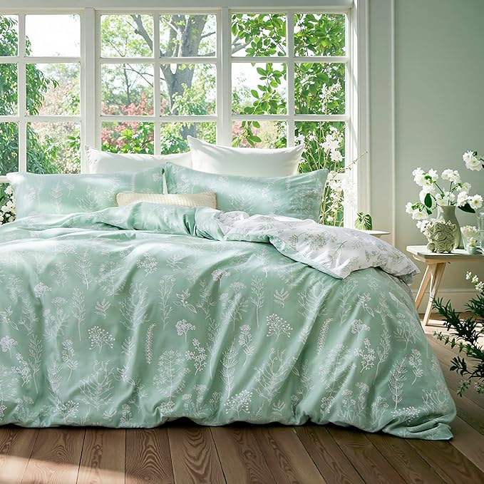 Bedsure Duvet Cover Queen Size - Reversible Green Queen Duvet Cover Set with Zipper Closure, 3 Pieces Floral Patterned Bedding Set with 8 Corner Ties and 2 Pillow Shams