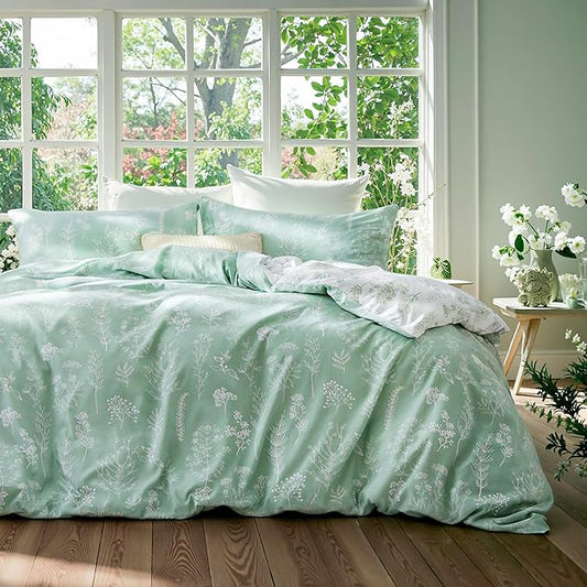 Bedsure Duvet Cover Queen Size - Reversible Green Queen Duvet Cover Set with Zipper Closure, 3 Pieces Floral Patterned Bedding Set with 8 Corner Ties and 2 Pillow Shams
