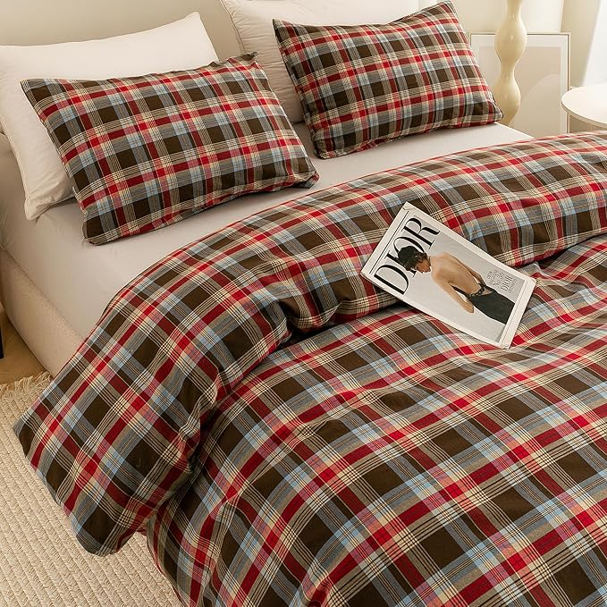 ECOCOTT Buffalo Plaid Duvet Cover King Size– 3 Piece Washed Cotton Bedding Set with Classic Checkered Pattern, Red & Brown Duvet Cover with Pillowcases for All Seasons