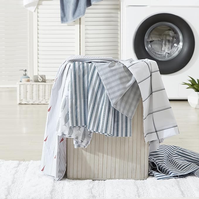 Nautica- King Sheet Set, Cotton Percale Bedding Set, Crisp & Cool, Lightweight & Breathable (Woodblock Fish Grey, King)