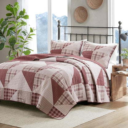 Woolrich Reversible Coverlet Set - Cottage Styling Reversed to Solid Color, All Season Lightweight Coverlet, Cozy Bedding Layer, Matching Shams, Oversized King/Cal King, Olsen Red | Reversible, Lightweight, All Season
