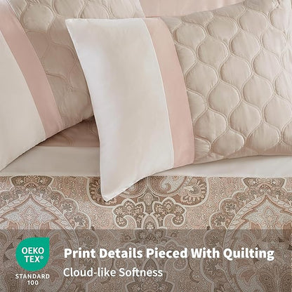 510 DESIGN Luxe Quilted Comforter Set Modern Transitional Design, All Season Down Alternative Warm Bedding Matching Shams, Bedskirt, Decorative Pillow, King, Shawnee Scrollwork Blush